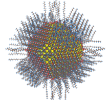 Complete atomistic model of the colloidal lead sulfide (selenide) nanoparticle. 
CC BY-SA 3.0 https://commons.wikimedia.org/wiki/File:Colloidal_nanoparticle_of_lead_sulfide_(selenide)_with_complete_passivation.png#/media/File:Colloidal_nanoparticle_of_lead_sulfide_(selenide)_with_complete_passivation.png